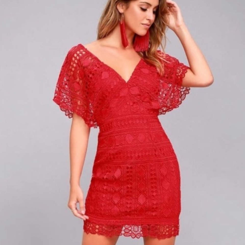 Lulu’s First Kiss red lace eyelette mini dress L - Picture 2 of 3